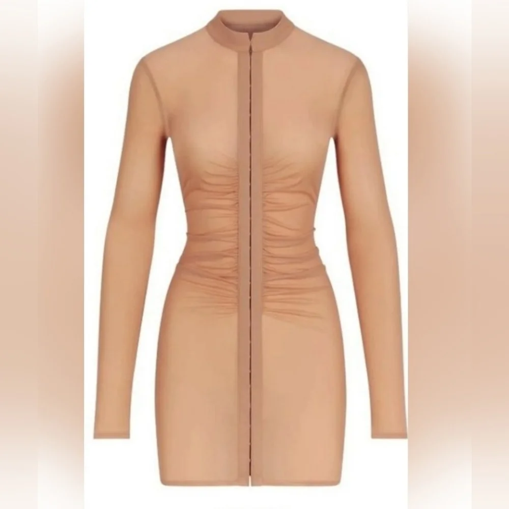 Skims Ruched Mesh Long Sleeve Swim Cover Up in Ochre